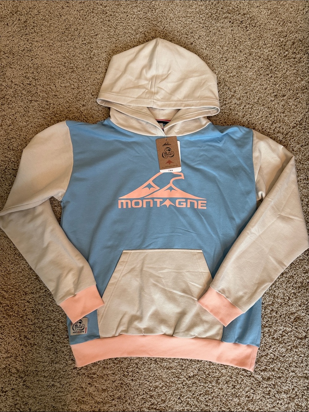 Men's Light Blue and Cream Logo Hoodie with Pink Accents